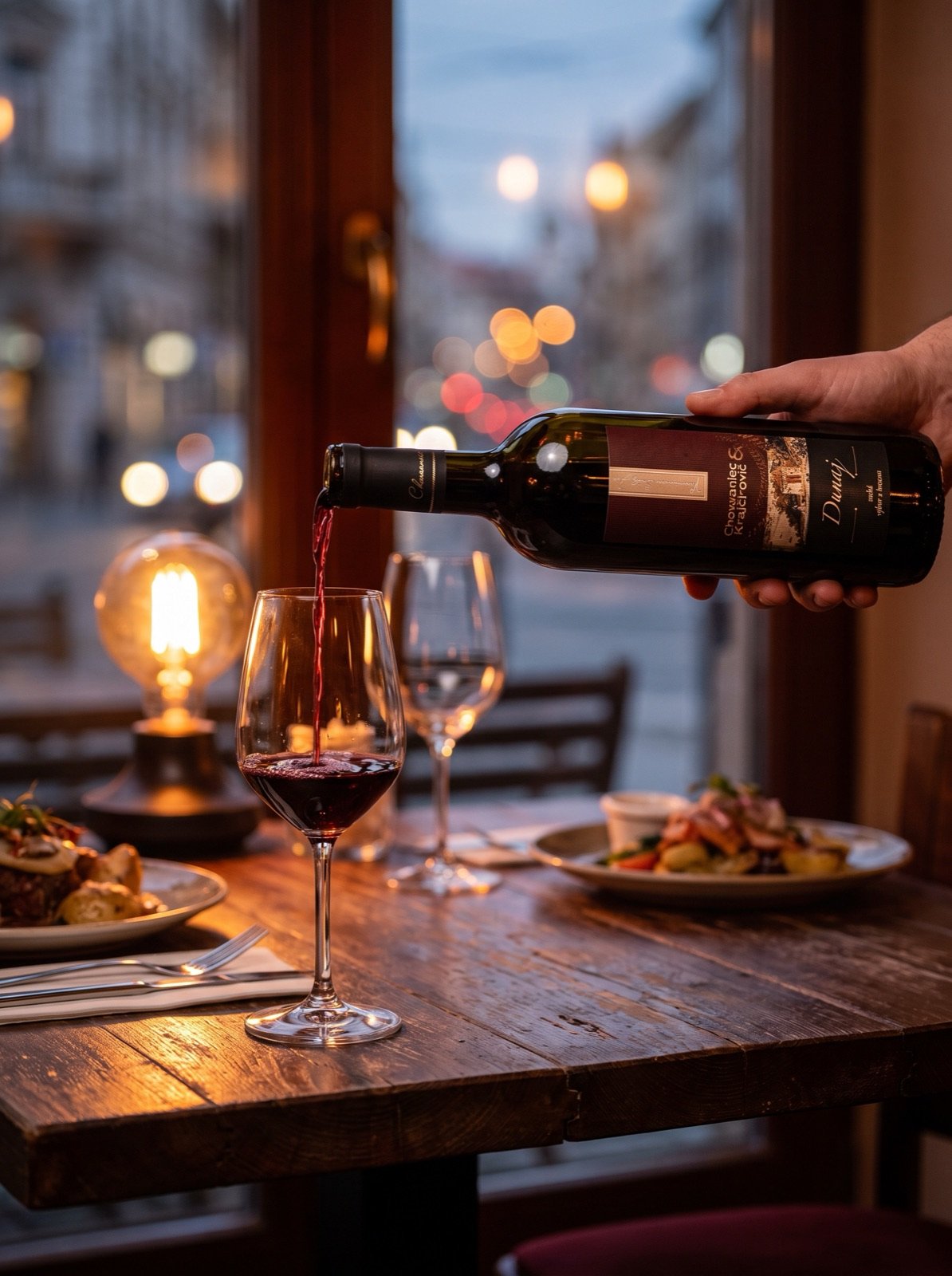 Wine poured at a candlelit table
