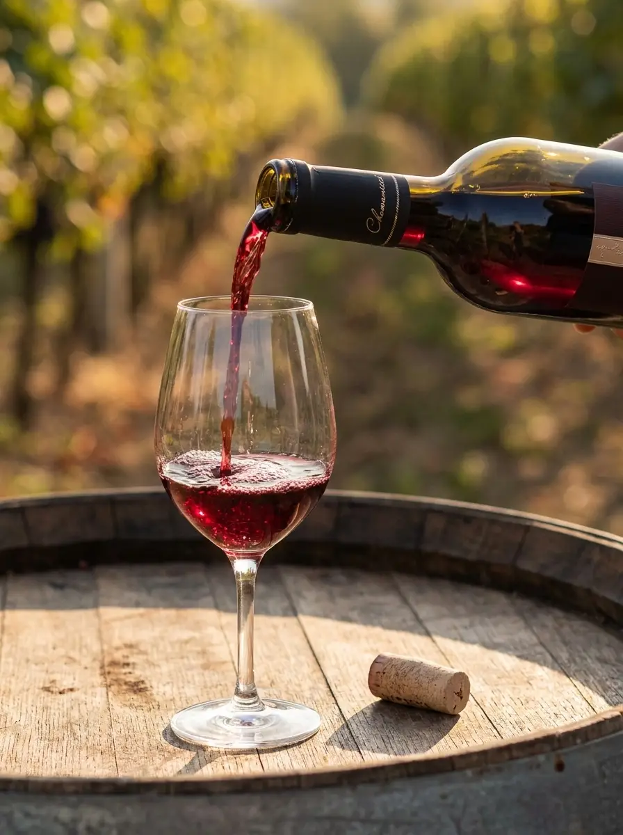 Dunaj red wine poured beside an oak barrel in the vineyard